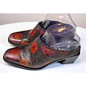 Vintage Tooled Leather Floral Mules Women’s 8M | Handmade Brazil | Western Boho